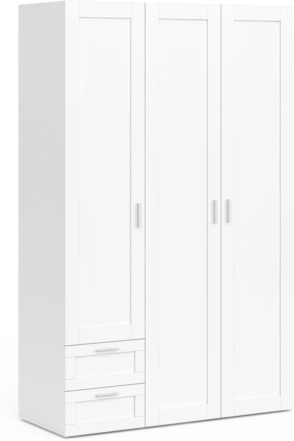 IDMarket - Armoire 3 Portes VITO Blanc, Largeur 120 cm avec penderie, 2 tiroirs et étagères