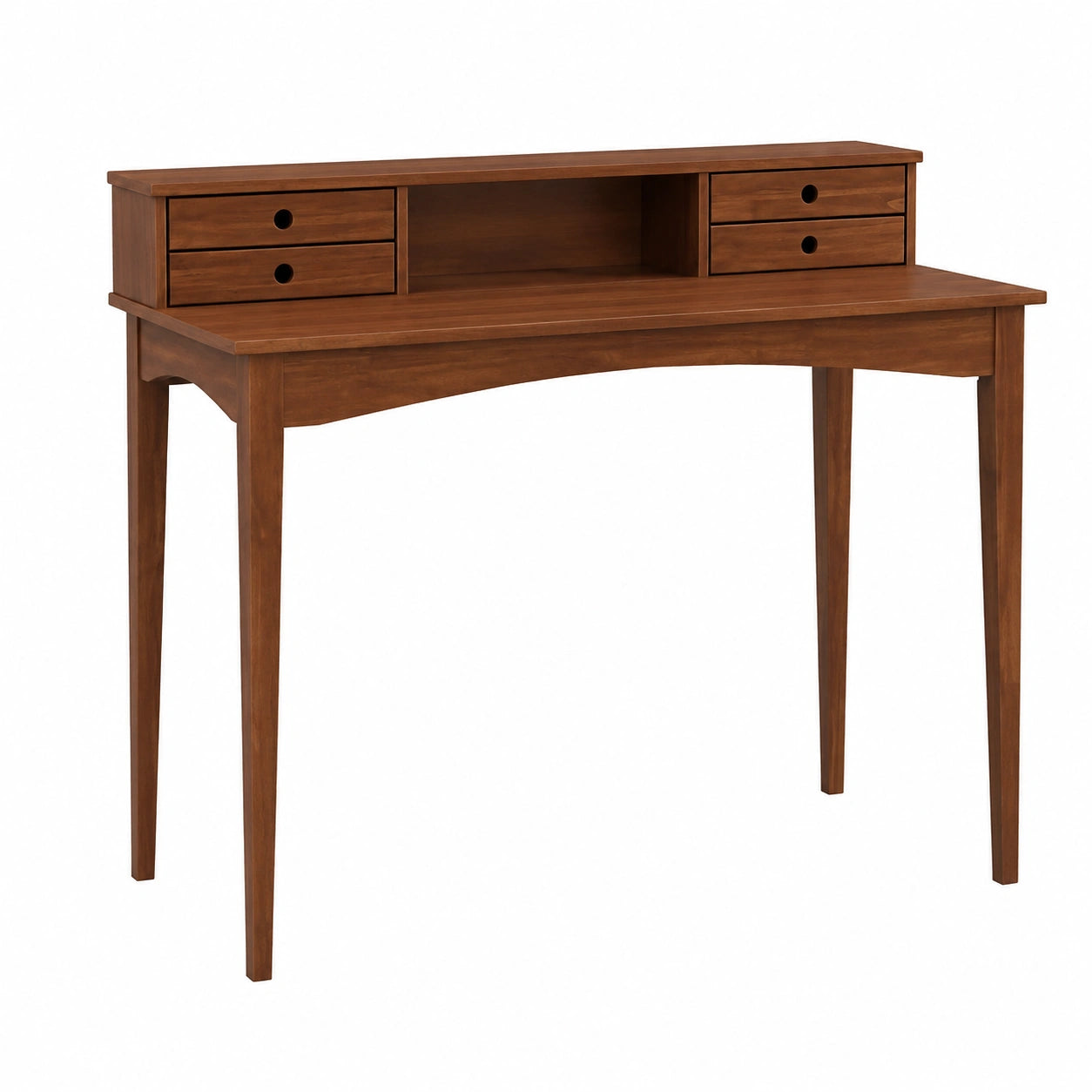 Bureau secrétaire en pin massif avec tiroirs et niche, bois brun foncé