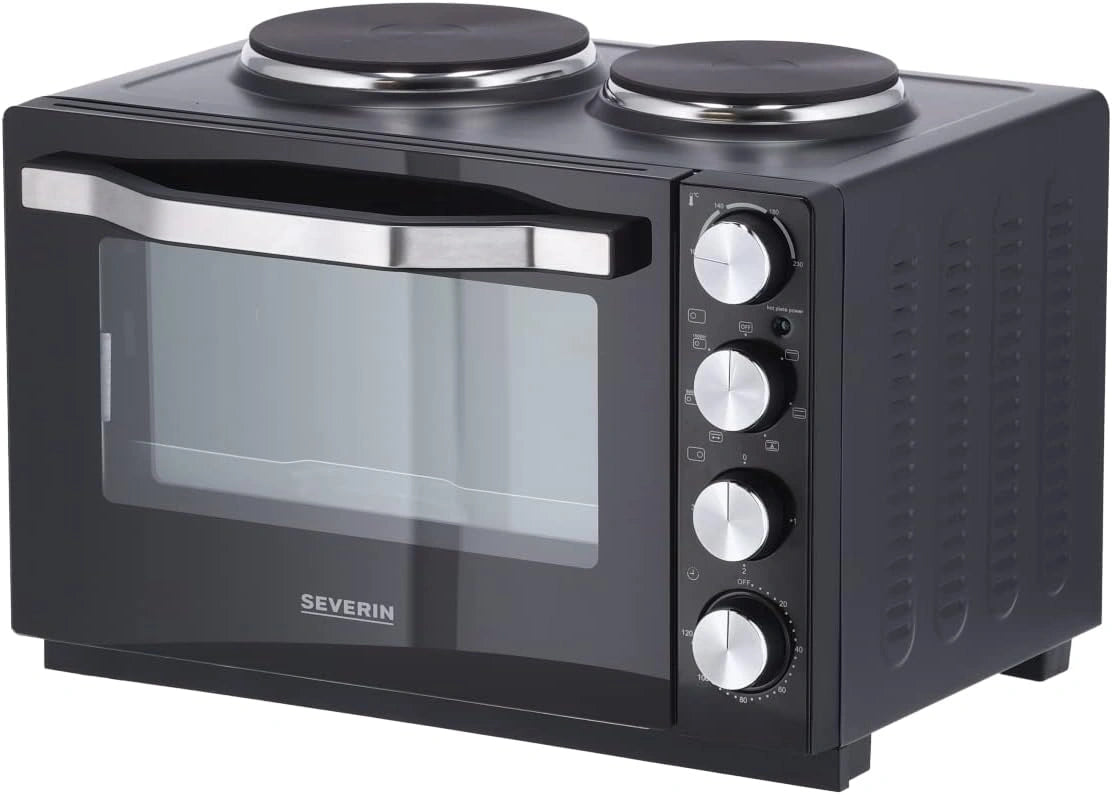 SEVERIN Mini-Four à chaleur tournante 30 L avec tournebroche et plaques de cuisson, Noir/Inox, Four posable 2 500 W design élégant, TO 2065