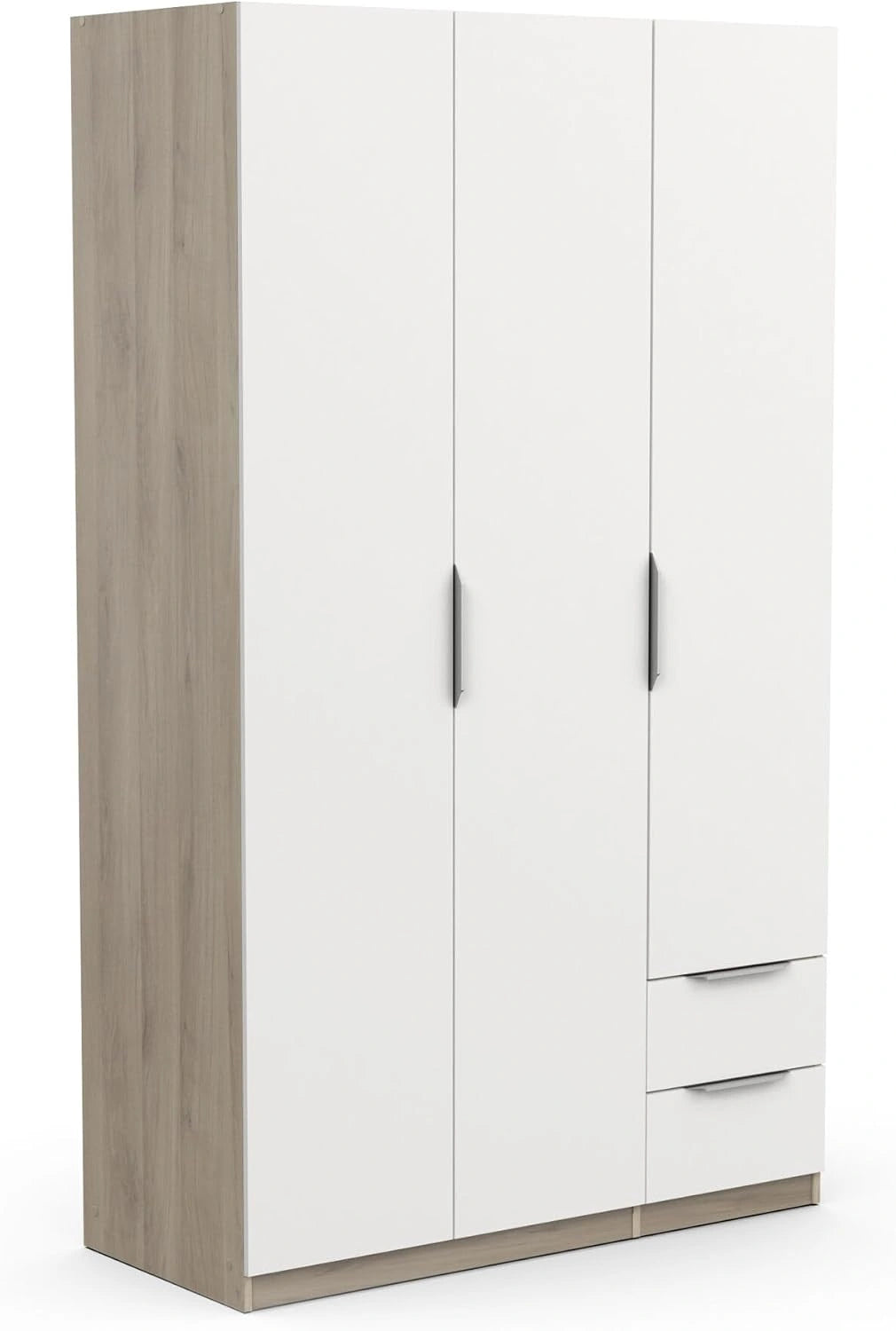 Armoire Dressing avec Penderie Moderne 3 Portes 2 Tiroirs 4 Niches, Coloris Chêne Kronberg et Blanc Mat - 119,4 x 51,1 x 203 cm