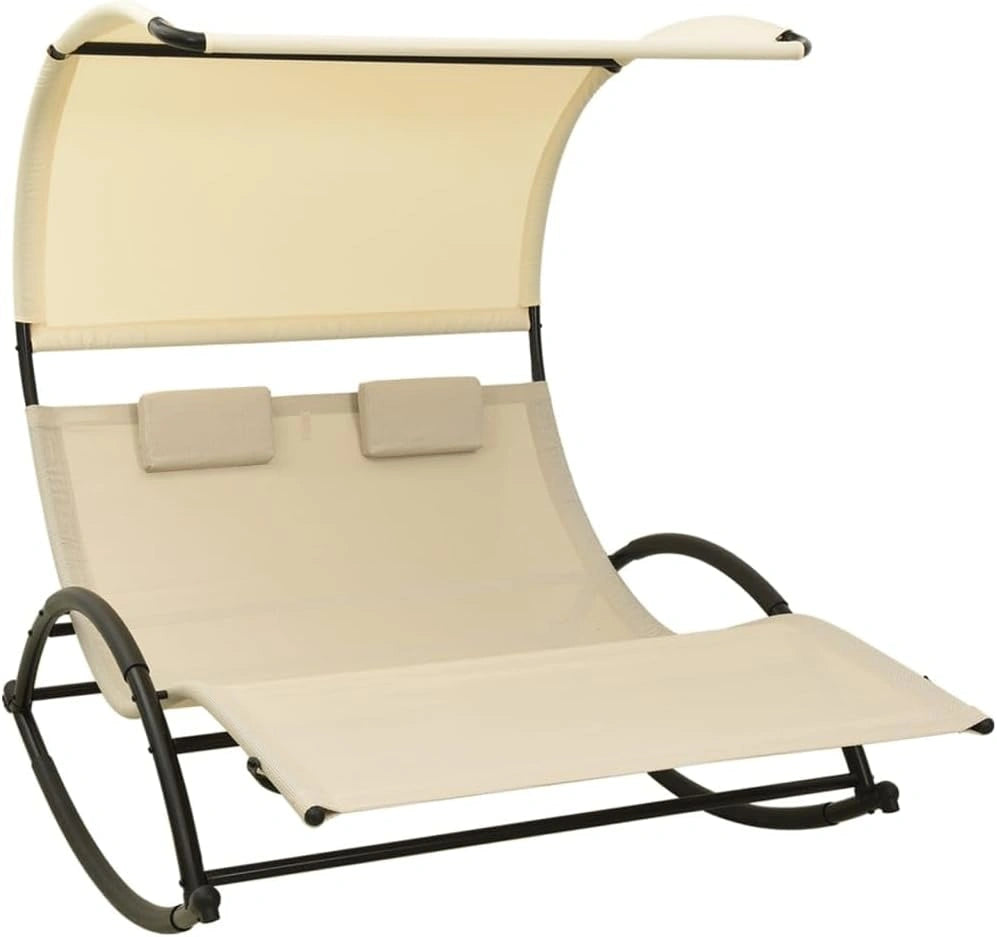 Chaise Longue Double avec Auvent - Transat de Jardin à Bascule pour 2 Personnes - Lit de Repos Extérieur en Textilène et Acier avec 2 Oreillers