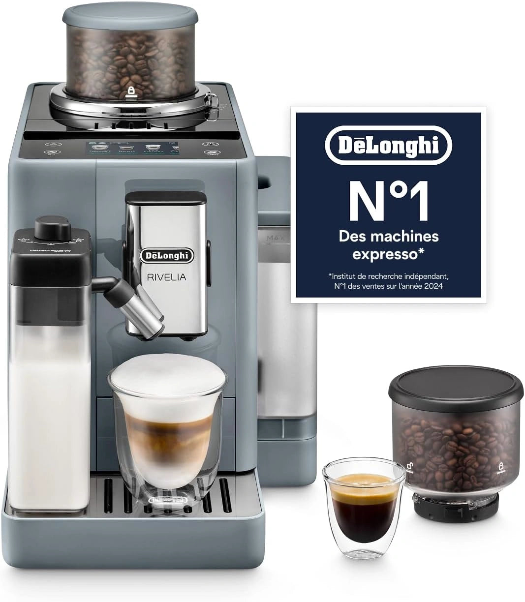 De'Longhi Rivelia - Machine à Café Automatique 16 Boissons Gris, EXAM440.55.G, Machine à Café à Grain, Mousseur LatteCrema, Écran Couleur