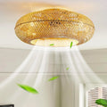 Ventilateur De Plafond Rétro En Bambou Avec Éclairage Plafond Télécommande Silencieux Plafonnier 6-vitesses Réversible Lumière Suspension Vintage