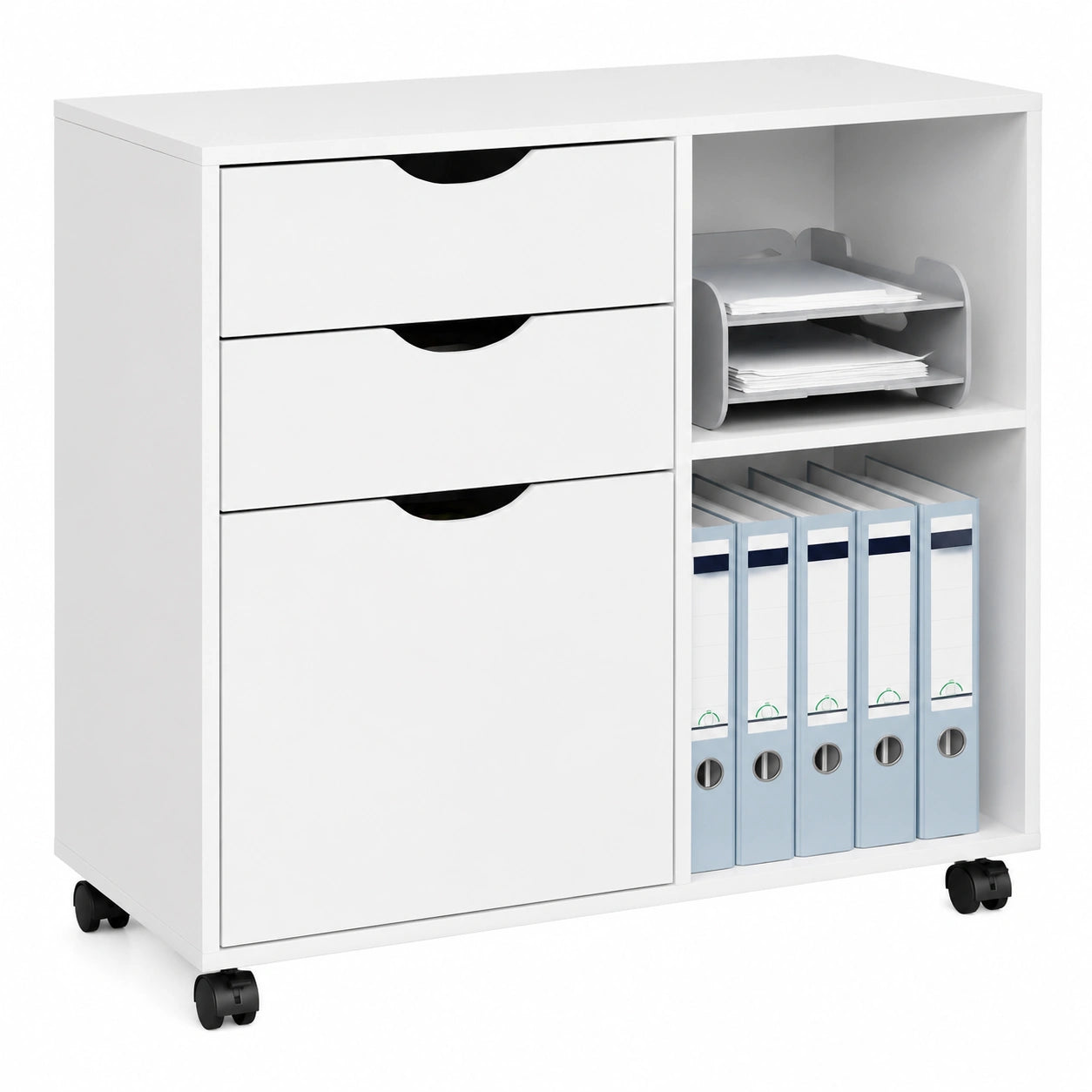 Caisson de Bureau avec Tiroirs et Compartiments Ouverts, Meuble de Rangement sur Roulettes, Bois Blanc