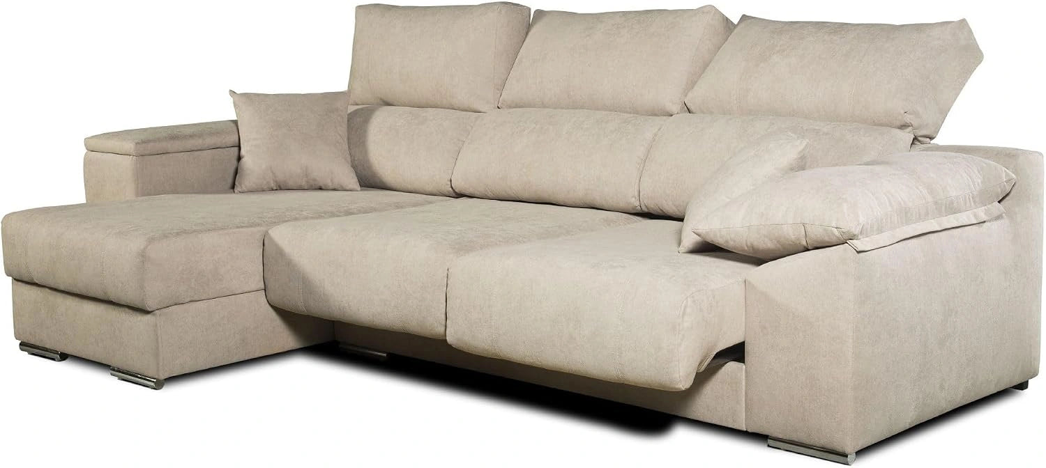 Canapé d'angle moderne et contemporain, beige gauche, Confort maximum avec sièges coulissants et dossiers inclinables, Tissu anti-taches Aqualine