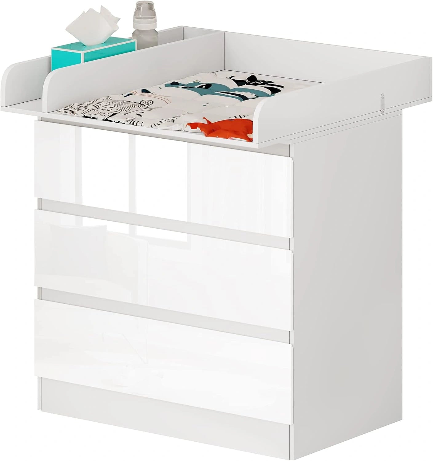 WOLTU Table à Langer + Commode avec 3 Tiroirs, Blanc + Blanc Brillant, 40x80x78 cm, en Bois d'Ingénierie, Ensemble Meuble à Langer pour Bébé