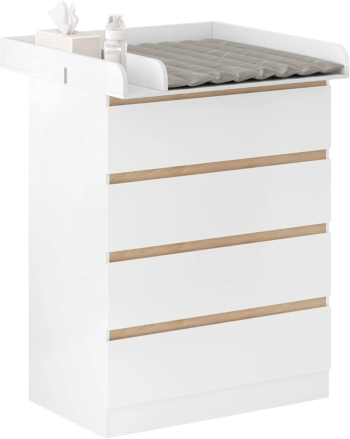WOLTU Table à Langer + Commode avec 4 Tiroirs, Blanc + Chêne Clair, 80x75x109,2 cm, en Bois d'Ingénierie, Ensemble Meuble à langer pour Bébé