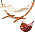 Hamac avec Support en Bois, Charge 200 kg (Rouge), 320×120×120 cm, Bois de pin massif, réglable en hauteur, structure stable extérieur