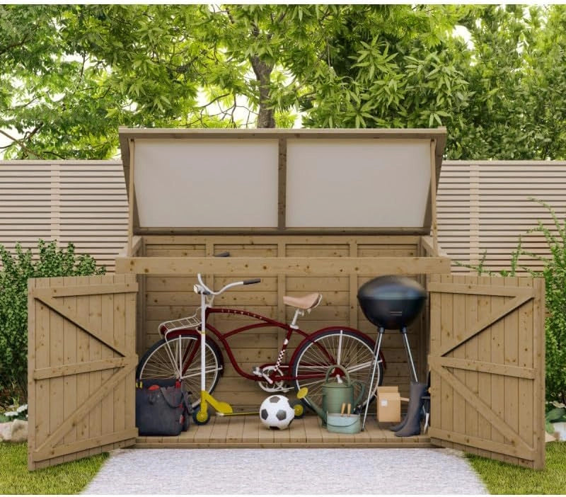 Coffre de Jardin en Bois Massif Traité 28 mm, Capacité 2000 L avec Plancher et Toiture Polyéthylène, Rangement Extérieur Étanche Marron