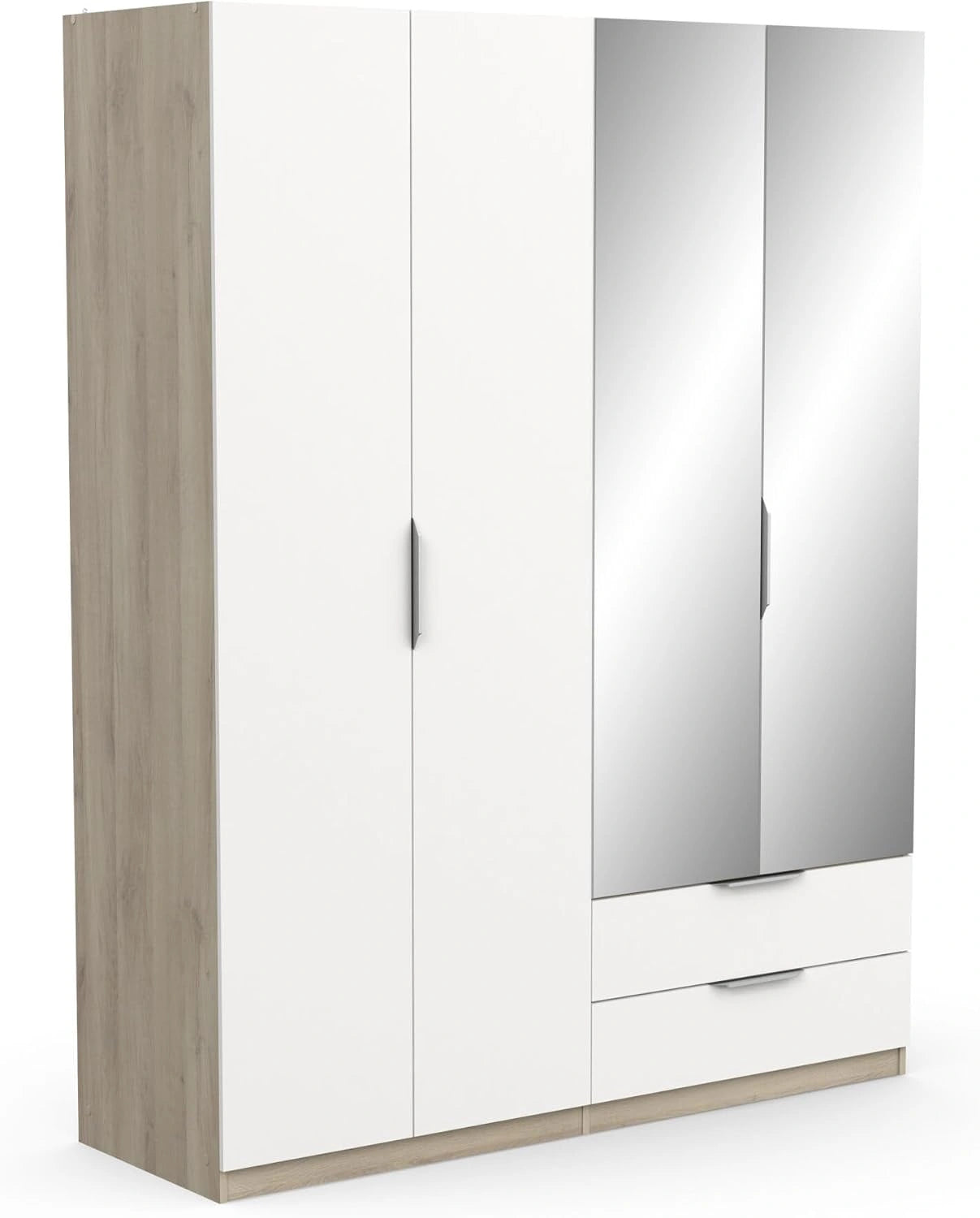 Armoire Dressing avec Miroirs et Penderie Moderne 4 Portes 5 Etagères 2 Tiroirs, Coloris Chêne Kronberg et Blanc Mat - 157,3 x 51,1 x 203 cm