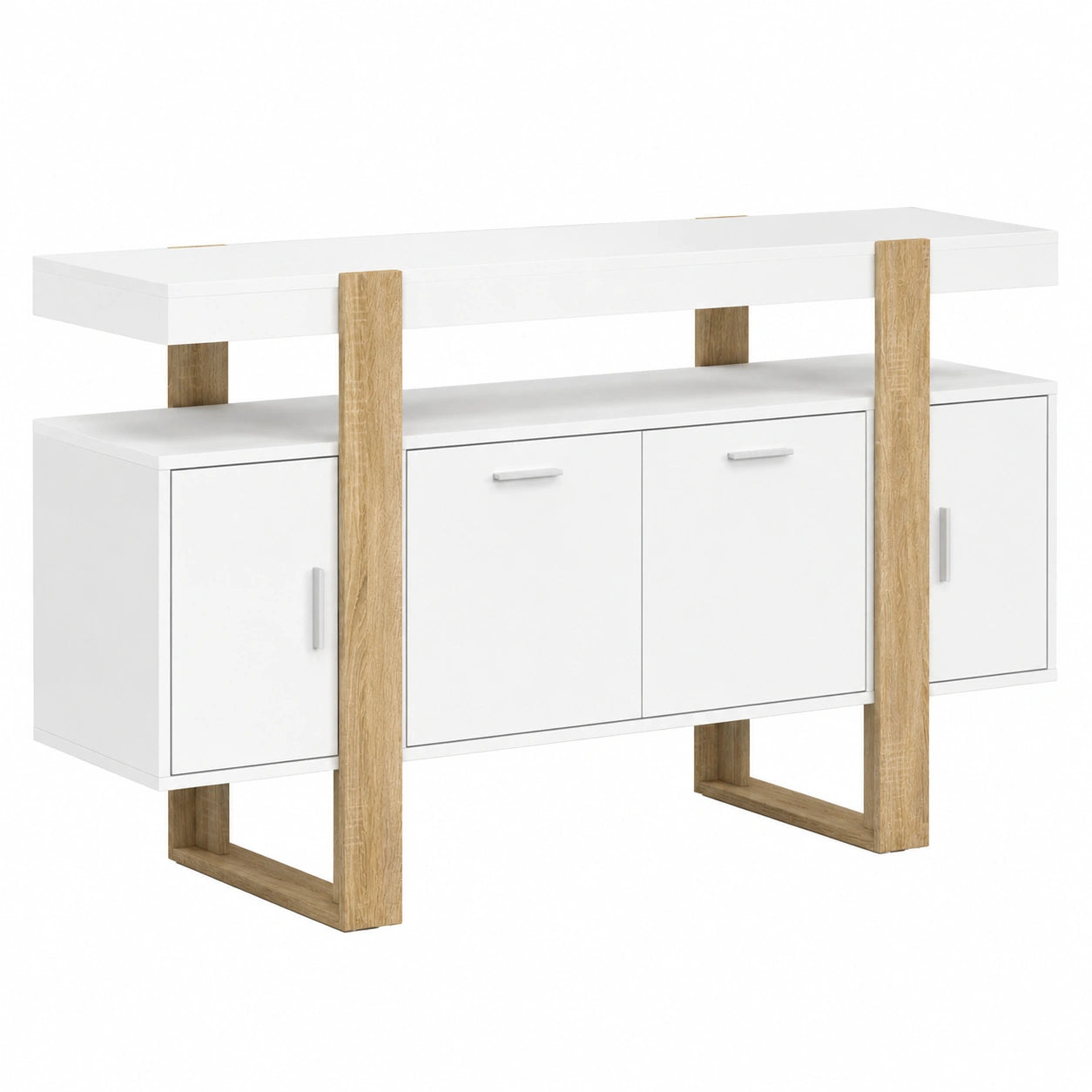 Buffet Moderne 140 cm 4 Portes Blanc et Bois