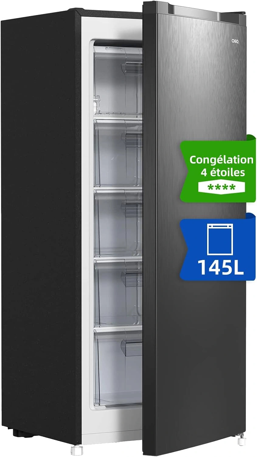 CHiQ Congélateur Armoire 145 L avec 4 Étoiles et Porte Réversible Noir, 1 Abattant, 4 Tiroirs, 126 x 54 x 55 cm (HxLxP), Garantie 12 Ans Compresseur