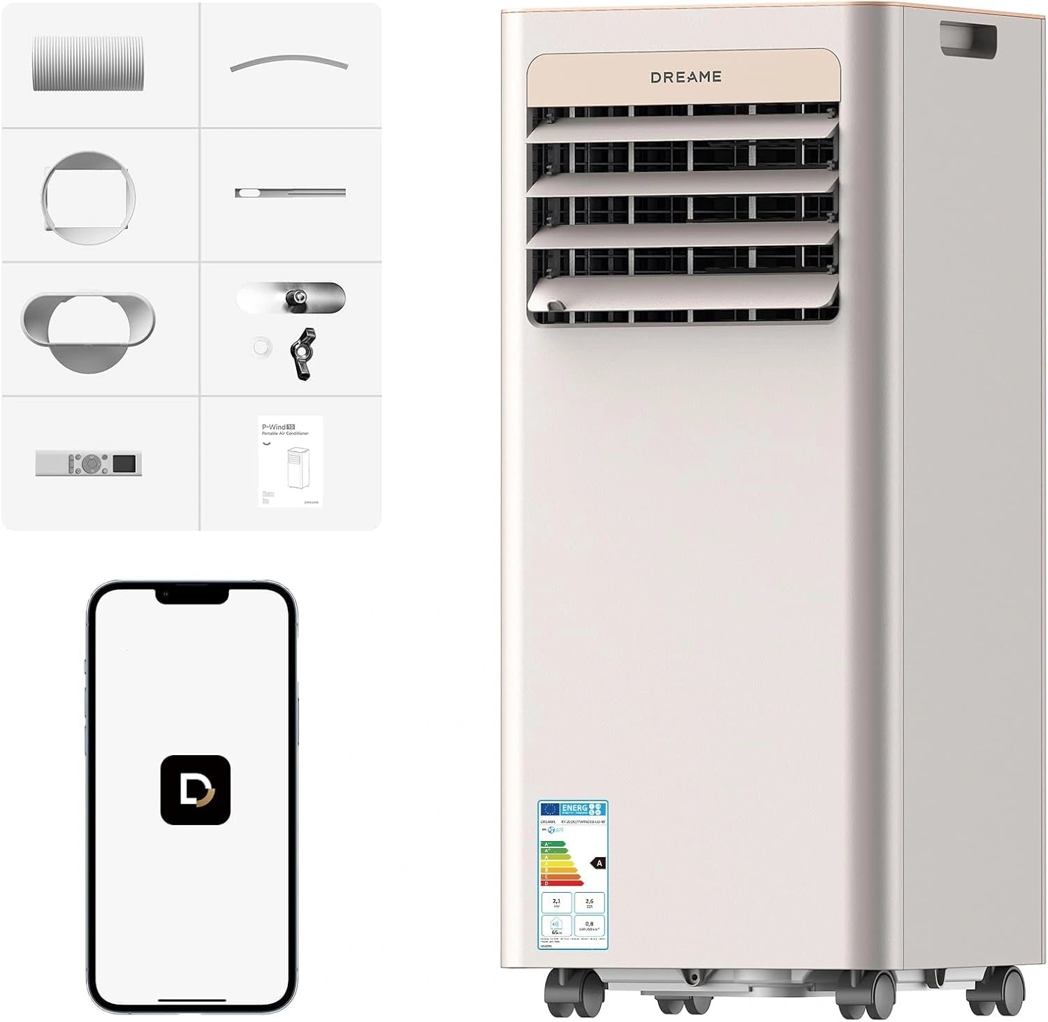 DREAME P-Wind10 Climatiseur mobile 3 en 1 9000 BTU, flux d'air 3D, déshumidifie et ventile, appli et télécommande, mode nuit, auto-évaporation