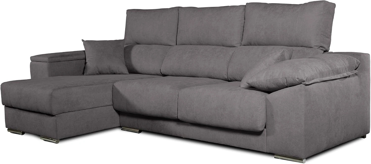 Canapé d'angle moderne et contemporain avec sièges coulissants et dossiers inclinables, gris gauche, tissu anti-taches Aqualine, fabriqué en Espagne