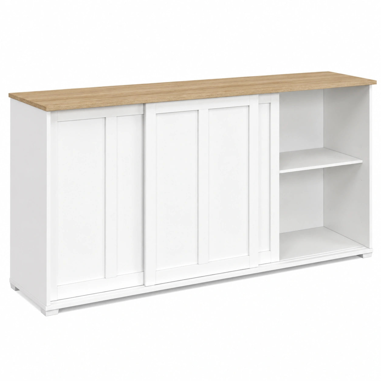 Buffet 160 cm avec 3 Portes Coulissantes en Blanc et Plateau en Bois
