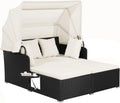 COSTWAY Chaise Longue à 2 Places en Rotin avec Auvent Rétractable, Transat Jardin Charge Total 360KG (Blanc)