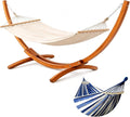 Hamac avec Support en Bois, Charge 200 kg (Bleu), 320×120×120 cm, Bois de pin massif, réglable en hauteur, structure stable extérieur