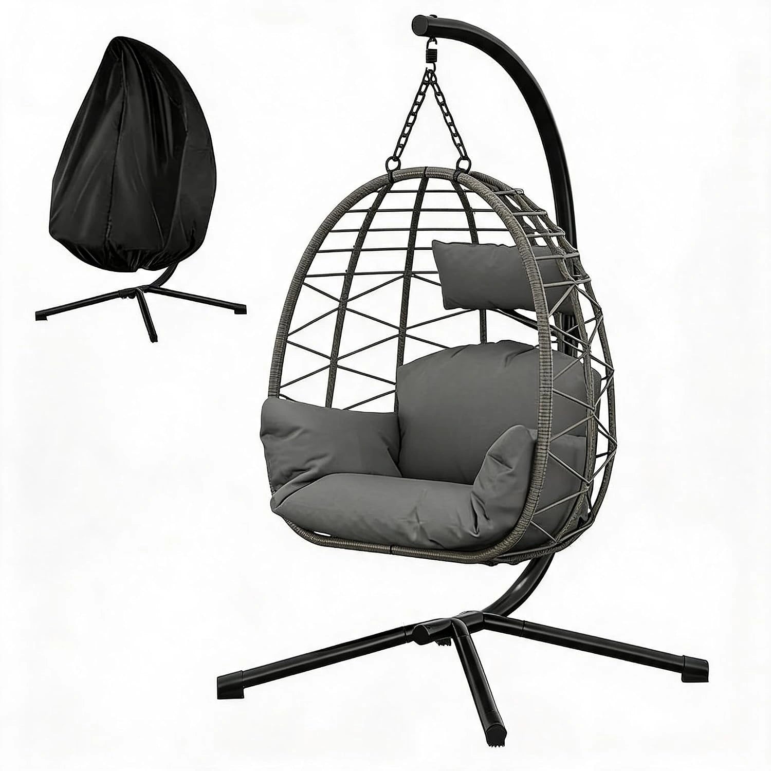 Chaise œuf suspendue en rotin pliable avec support - Hauteur réglable, housse - frais 150 kg - Coloris: rotin gris brossé
