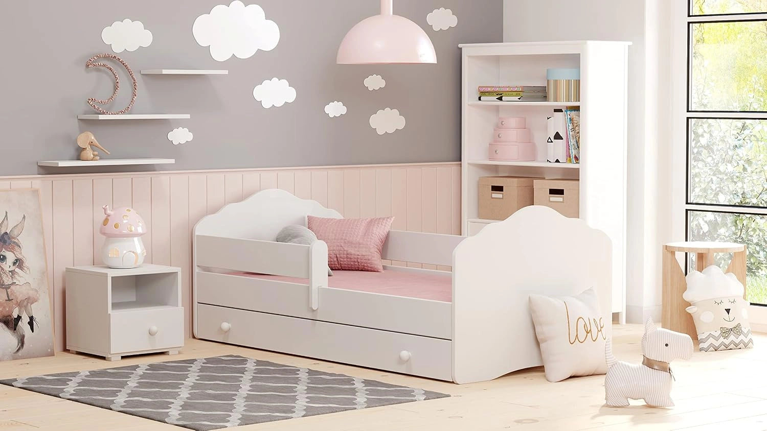 KOBI Lit Enfant FALA Blanc, 160x80 cm, avec Rangement é Tiroir, avec Un Matelas et Un Cadre, Meuble la Chambre Bebe, Lit Simple avec Barriere