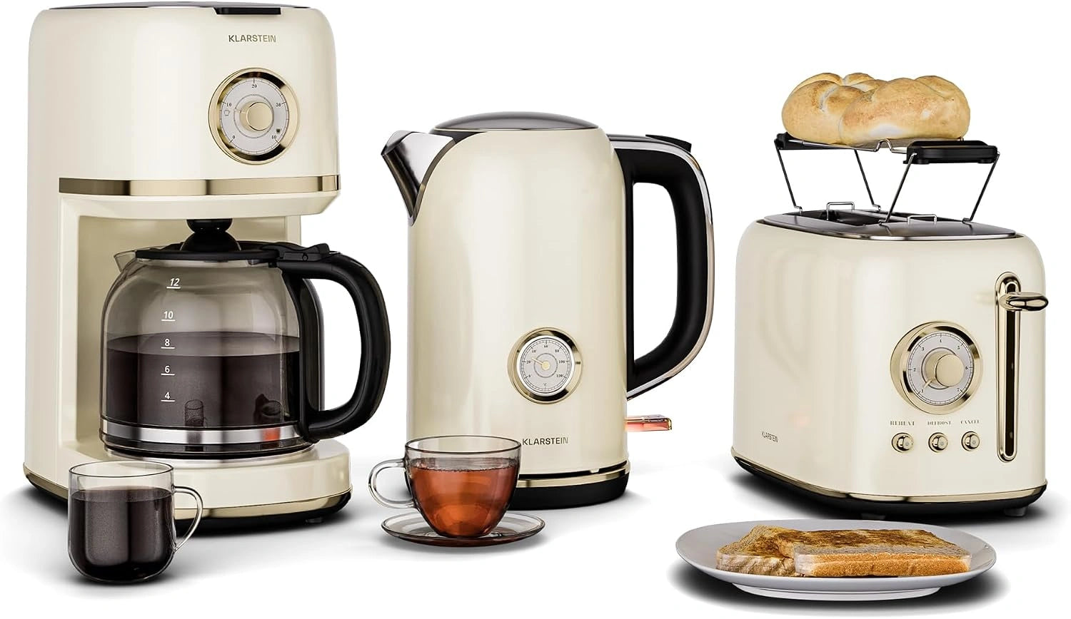Klarstein Victoria Set Petit-Déjeuner Complet, crème, Grille-Pain 2 Fentes 7 Niveaux, Bouilloire Électrique 1,7 L, Cafetière Filtre 12 Tasses
