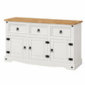 Buffet en Bois Massif avec Portes et Tiroirs, Style Mexicain, Blanc et Brun