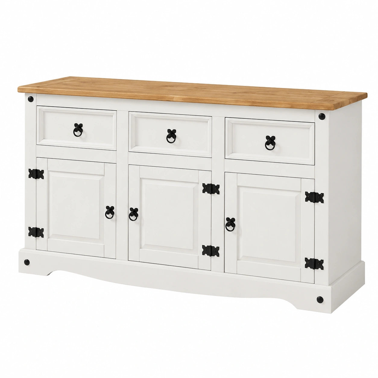Buffet en Bois Massif avec Portes et Tiroirs, Style Mexicain, Blanc et Brun