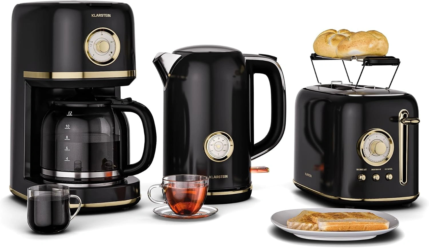 KLARSTEIN Victoria Set Petit-Déjeuner Complet, Noir, Grille-Pain 2 Fentes 7 Niveaux, Bouilloire Électrique 1,7 L, Cafetière Filtre 12 Tasses