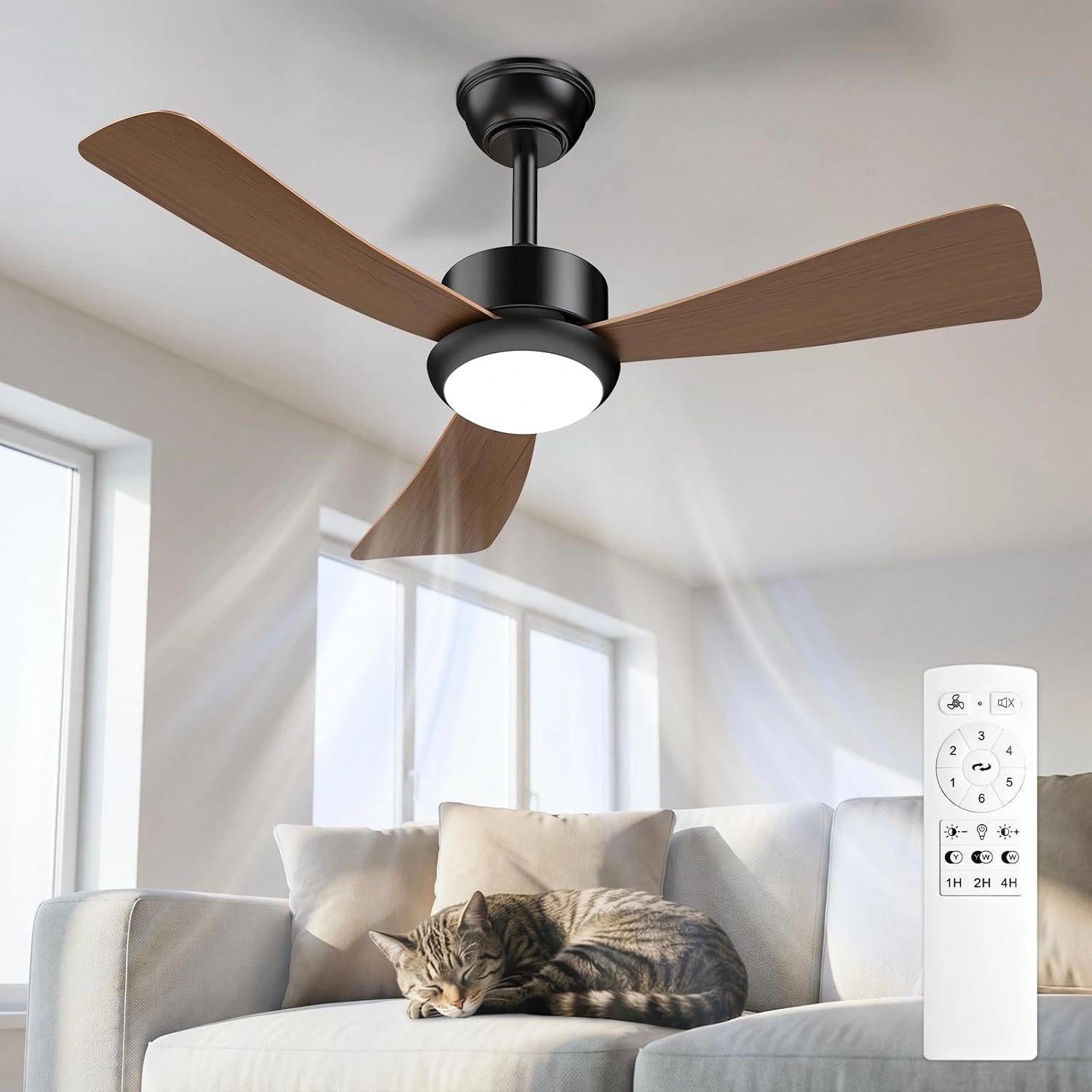 Airwit Ventilateur Plafond avec Lumière 106 cm Pales Effet Bois Silencieux, Modèle avec tige, coloris bois noir, 6 vitesses, LED dimmable télécommande