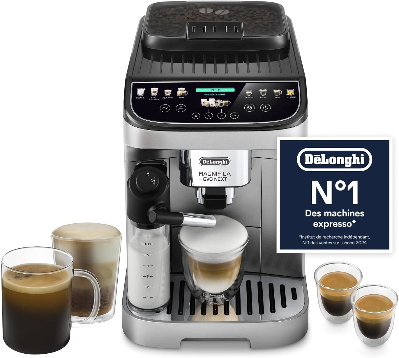 De'Longhi Magnifica Evo Next - Perfetto Machine à Café Automatique avec LatteCrema Mousseur à Lait Automatique, Argent et Noir (ECAM312.80.SB)