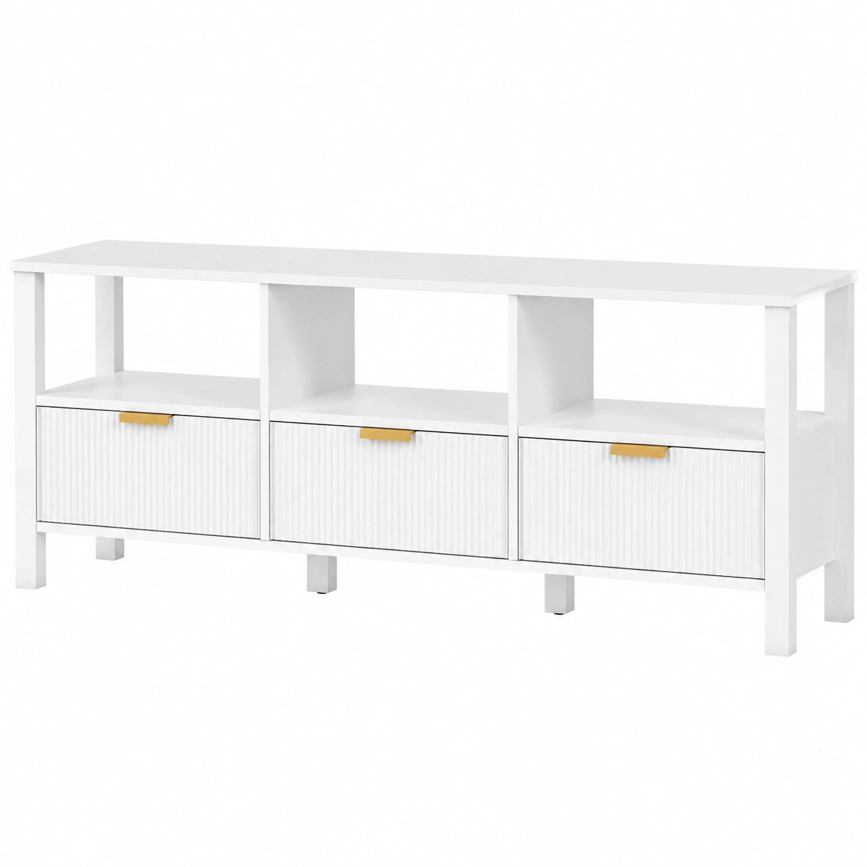 Meuble TV moderne 152 cm avec tiroirs cannelés et étagères pour salon