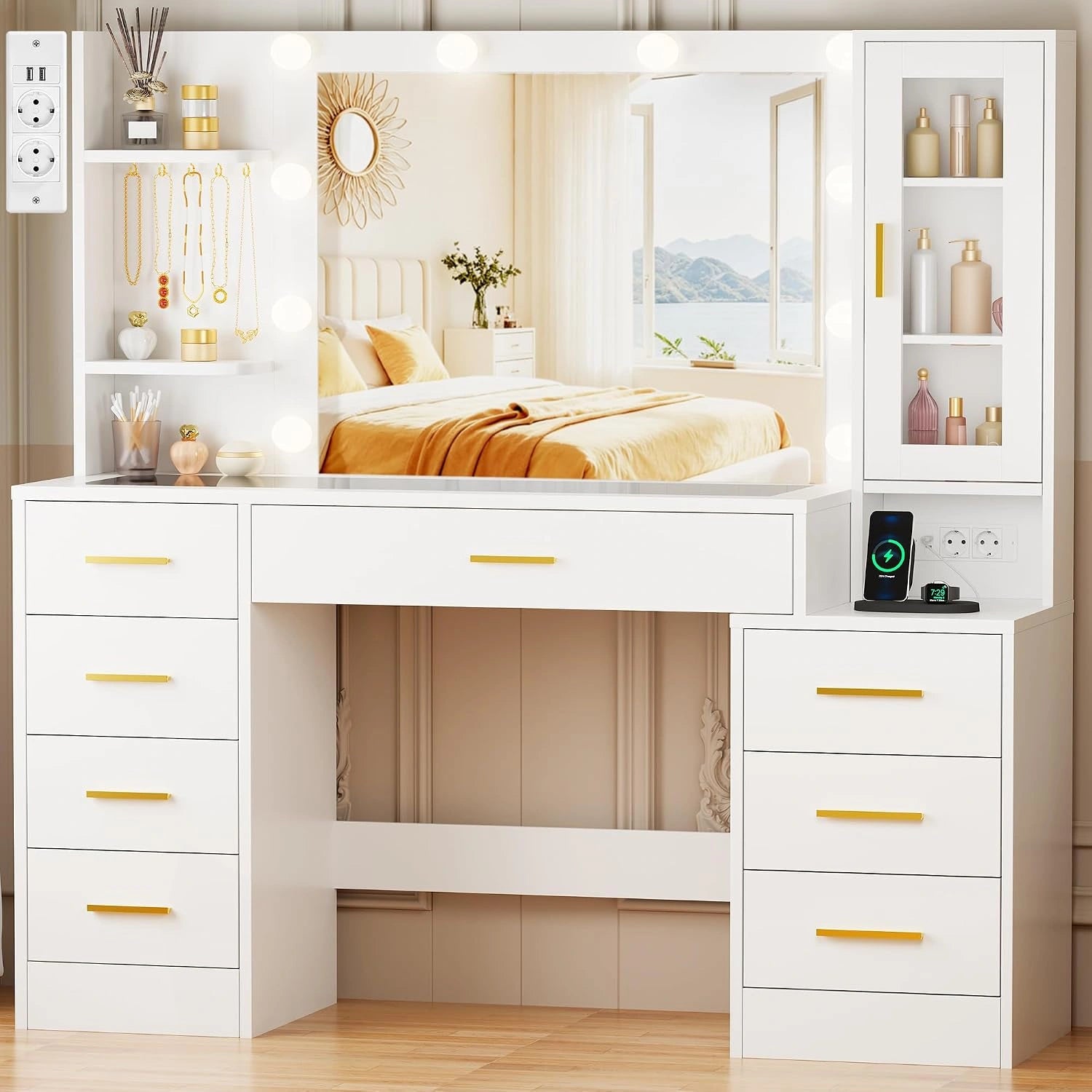 ANWBROAD Grande Coiffeuse avec Miroir et Prise, Éclairage LED Réglable