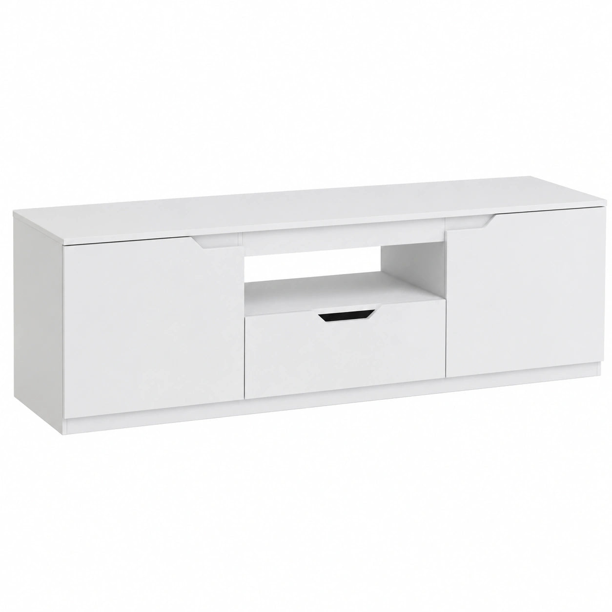 Meuble TV Bas avec Portes et Tiroir, 160 cm pour Téléviseur jusqu'à 65 Pouces, Blanc