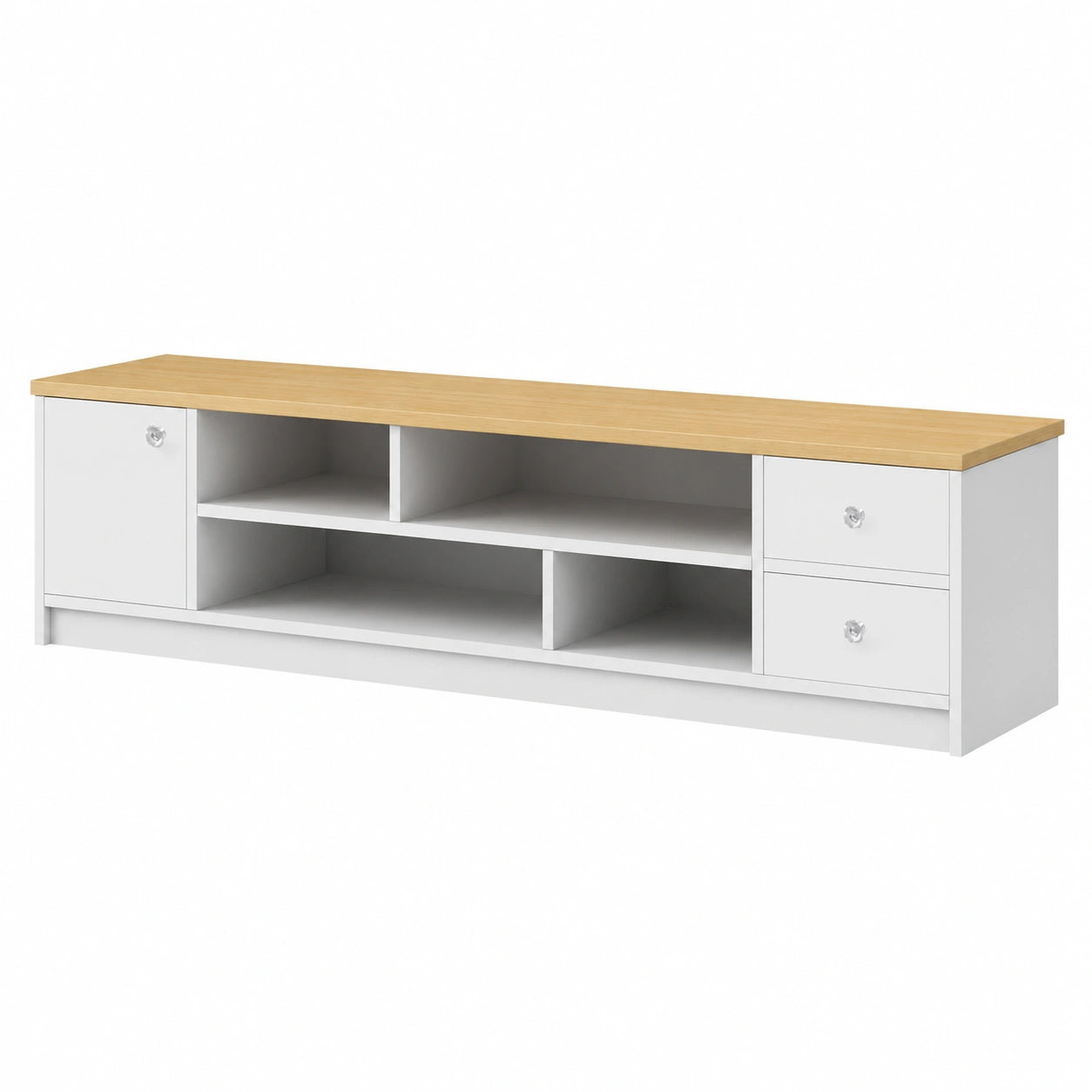 Meuble TV Blanc et Bois Clair avec Rangement, Style Scandinave