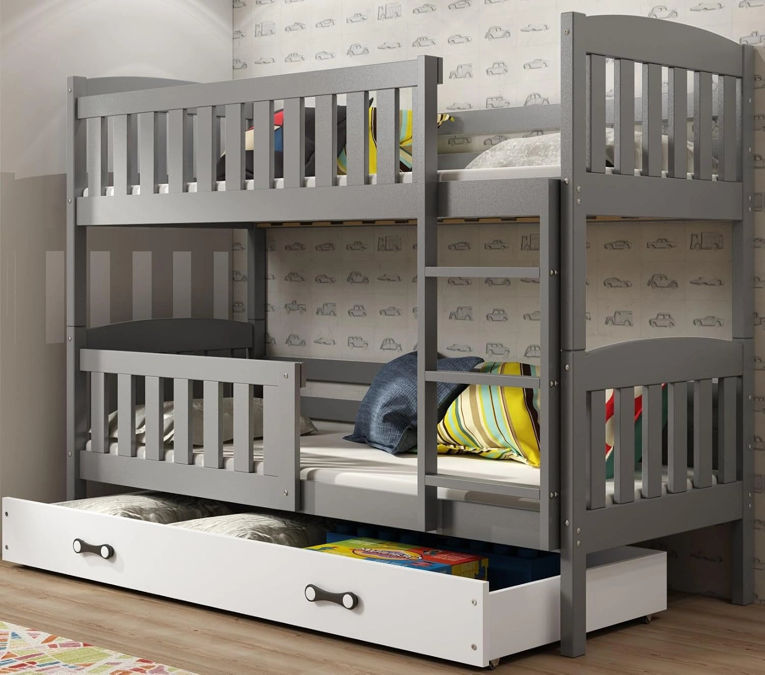 Interbeds Lit Superposé QUBA en Bois de Pin Massif, 2 Places (Gris, séparable en 2 lit, 90x200), Barrière de sécurité, Enfant et Adulte, Sommier