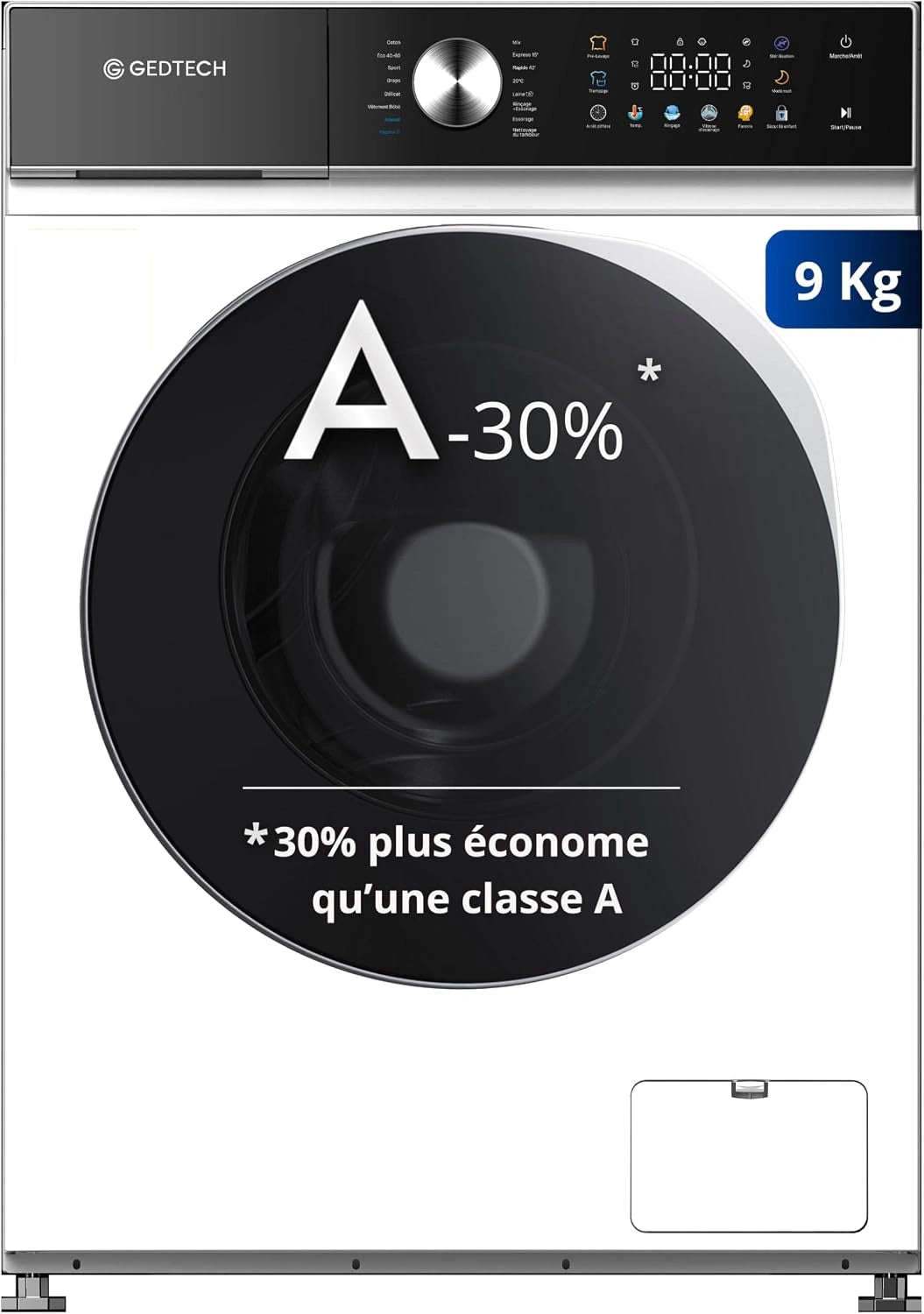 GEDTECH Lave-linge frontal GLLPS91400WH - 9 Kg - 1400 tr/mn - 16 programmes - Eco - Intensif - Rapide