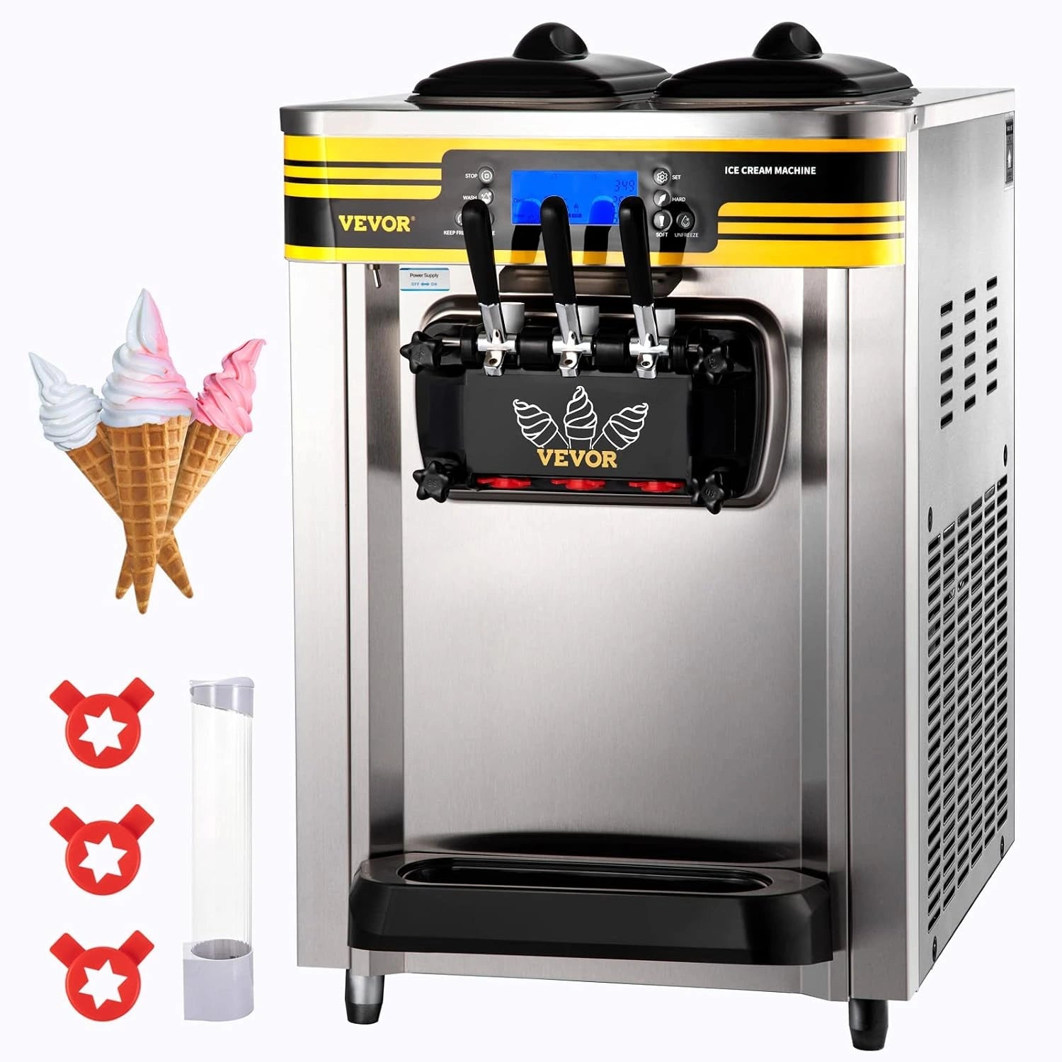 VEVOR Machine à Crème Glacée Molle 22-30 L/h Machine à Glace Molle avec Trémie 6 L Sorbetière à Glace Pré-Réfrigération Décongélation en Un Clic