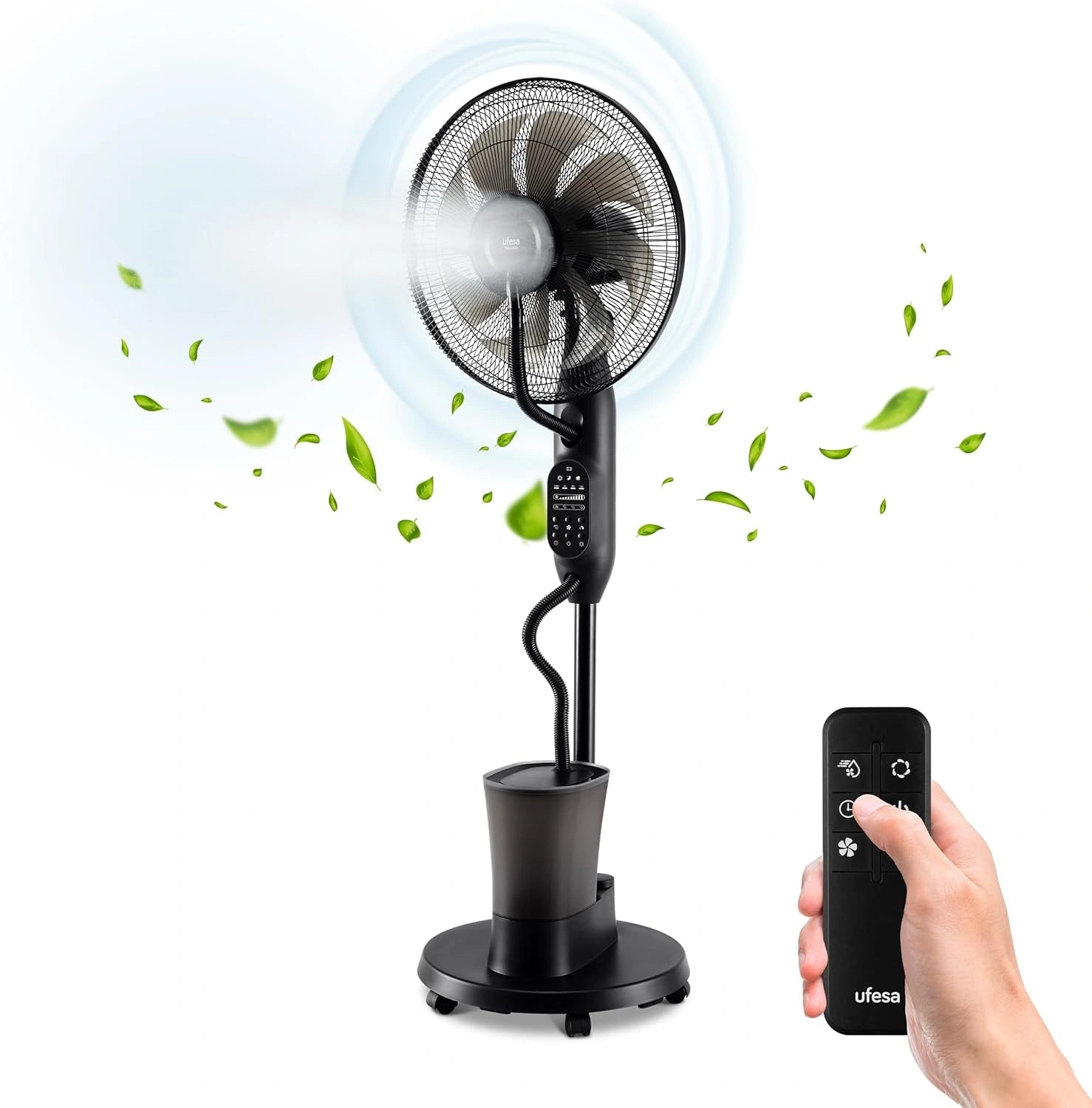 UFESA Mist Fan VNDC Ventilateur Brumisateur, Noir, 3 Modes, 9 Vitesses, 40 cm de Diamètre, 8 Pales, 60 W, Ultra Silencieux, Télécommande, Minuterie