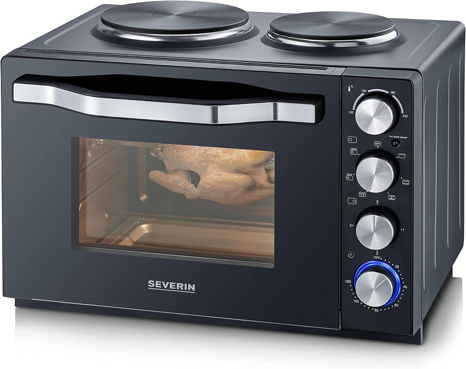 SEVERIN Mini-Four à chaleur tournante 30 L avec tournebroche et plaques de cuisson, Noir/Inox, Four posable 2 500 W design élégant, TO 2074