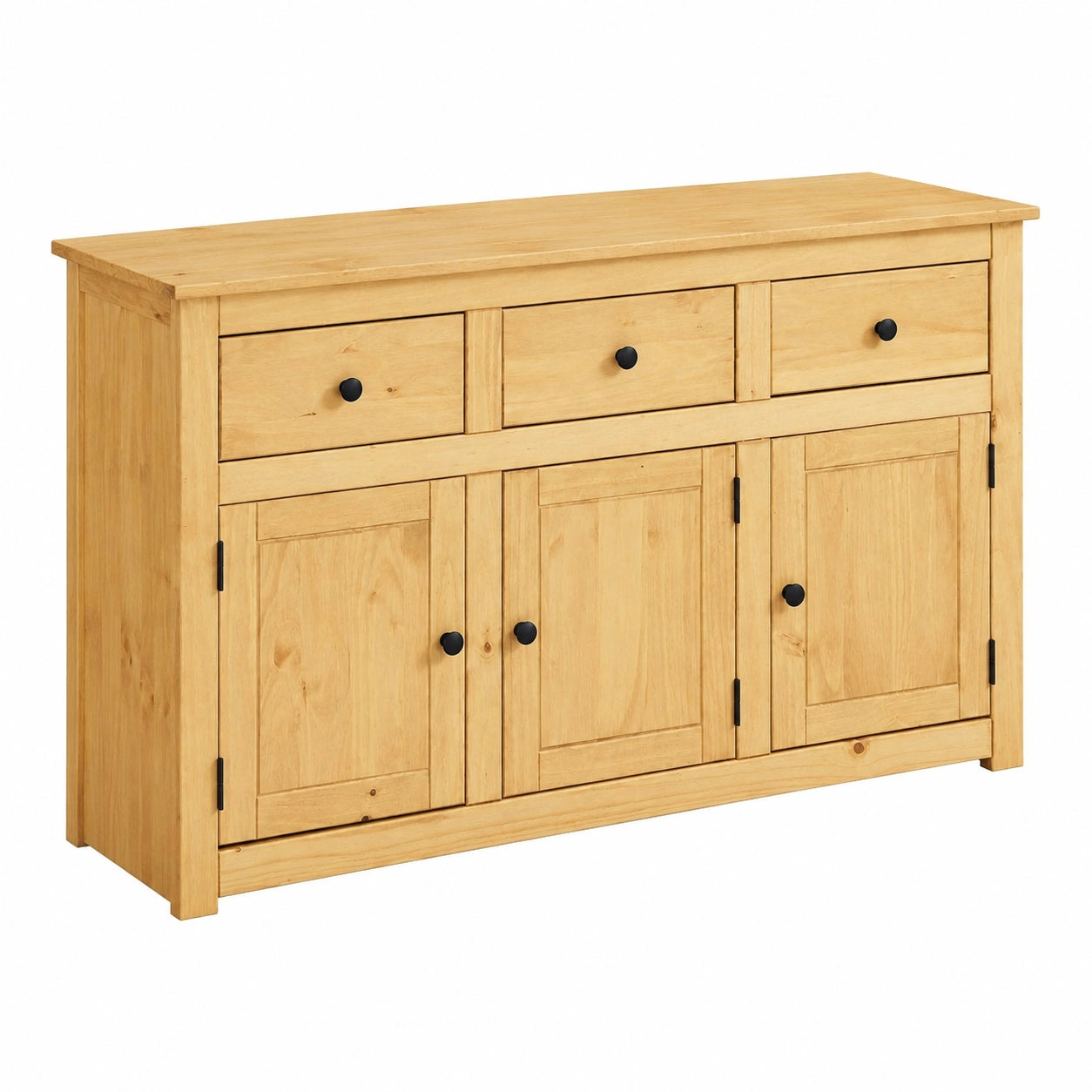 Buffet bas bois massif 135 cm avec 3 portes et tiroirs