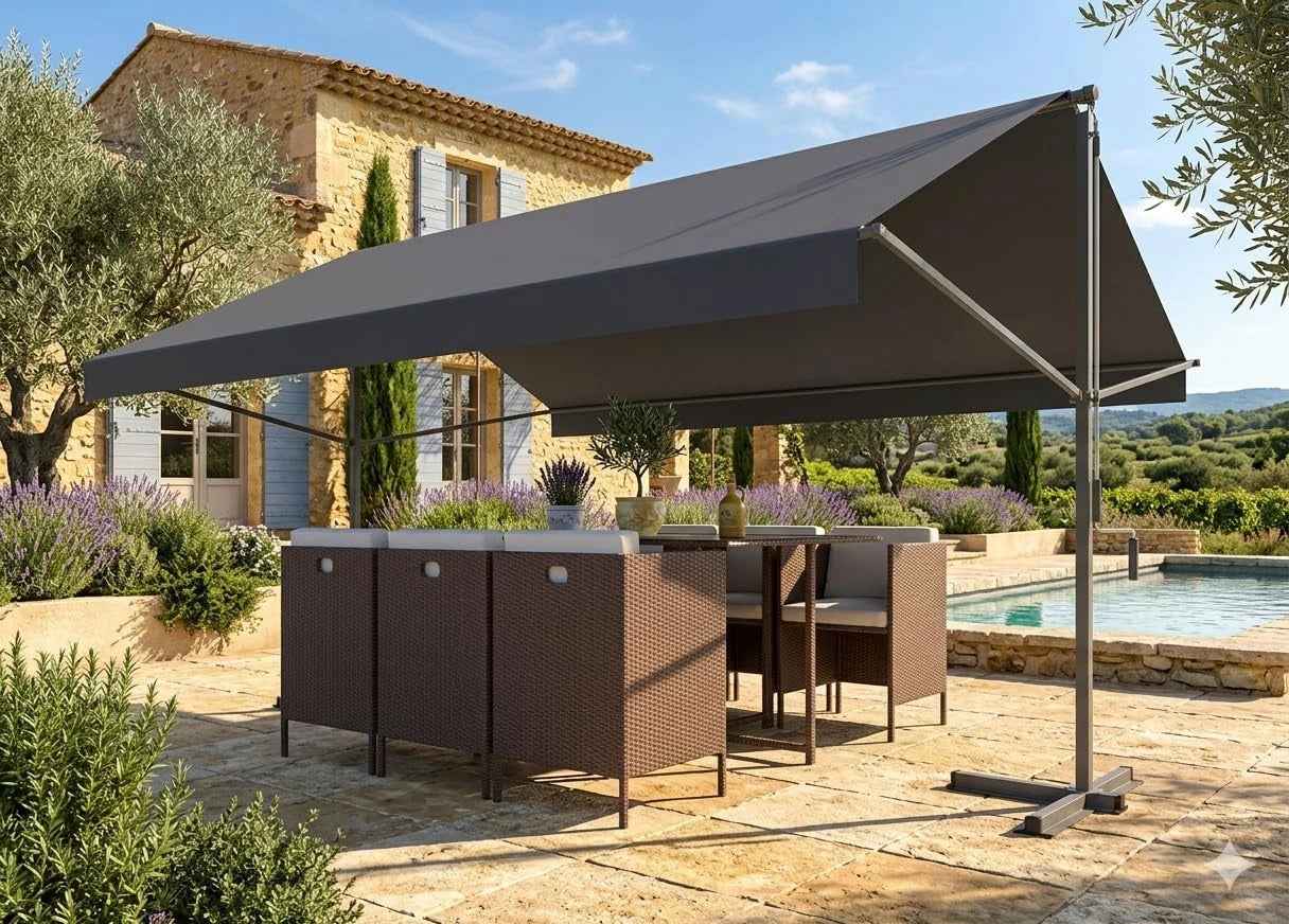 Store Banne Double Pente ISEO 4x3 m Manuel Gris Toile Waterproof 250 g/m², Structure autoportante 4 bras acier, hauteur 241 cm, pieds en croix