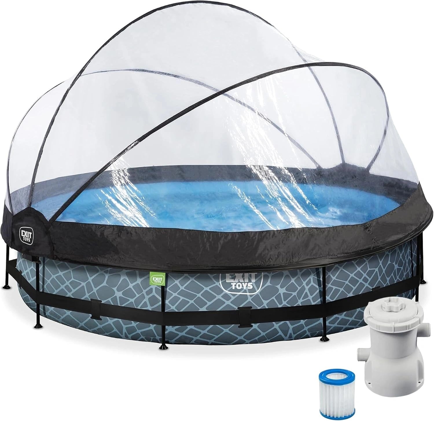 EXIT Toys Piscine avec Dôme Ronde Ø 360 x 76 cm avec Pompe Filtrante et Bâche, Gris, TÜV CE en 16582, Cadre en Acier, Piscine Hors Sol pour Enfants