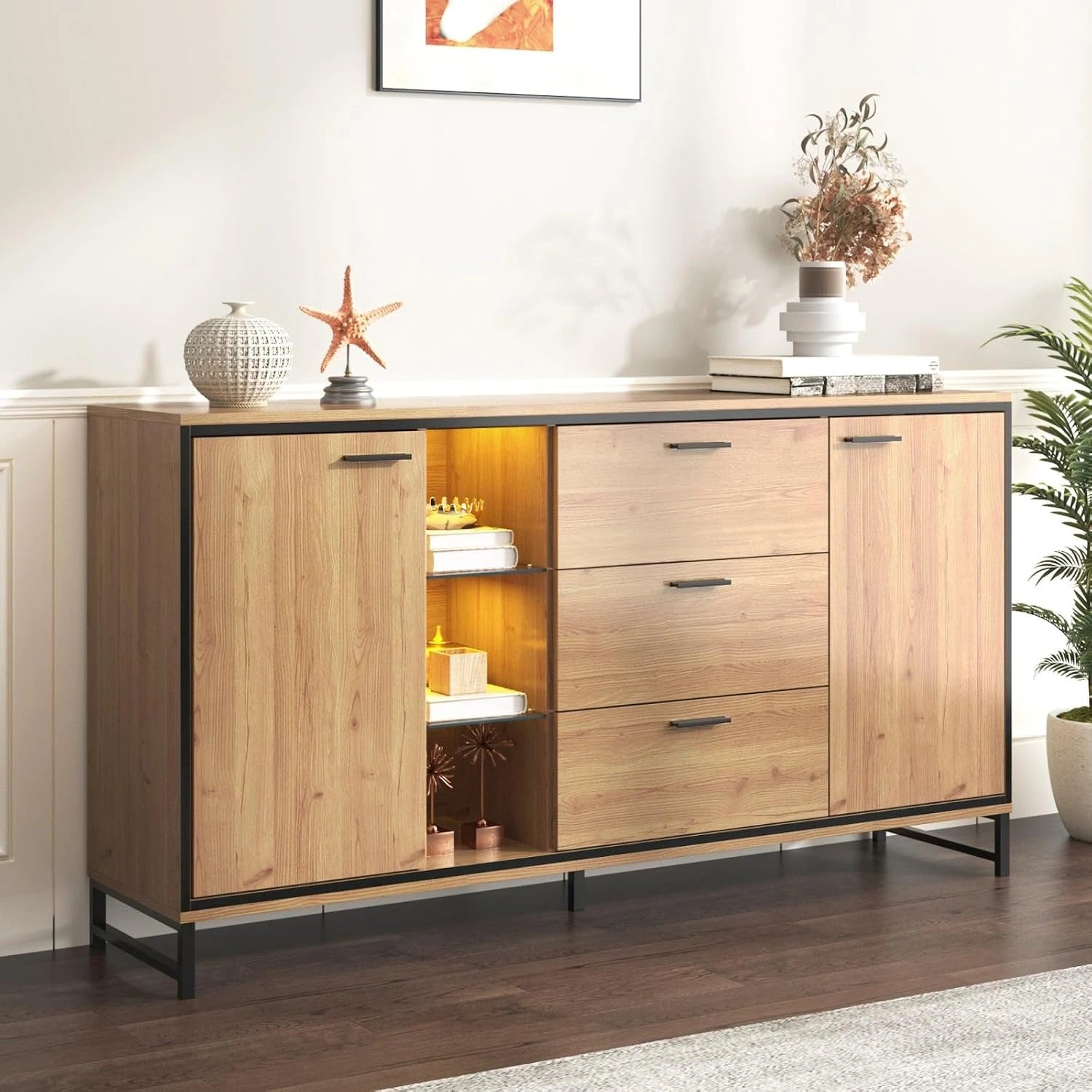 Sweiko - Commode moderne avec 3 tiroirs et 2 portes - Couleur bois - Buffet avec étagère réglable - Armoire polyvalente pour couloir, salle de bain