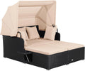 COSTWAY Chaise Longue à 2 Places en Rotin avec Auvent Rétractable, Transat Jardin Charge Total 360KG (Beige)