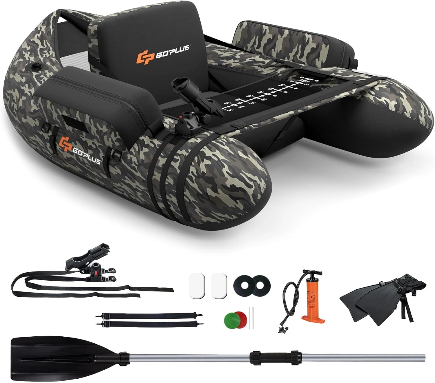 GOPLUS Bateau Pêche Gonflable, Capacité 150KG, Float Tube Tissu Polyester avec Support de Canne Peches, Sangles Réglables, Règle à Poisson, Dossier