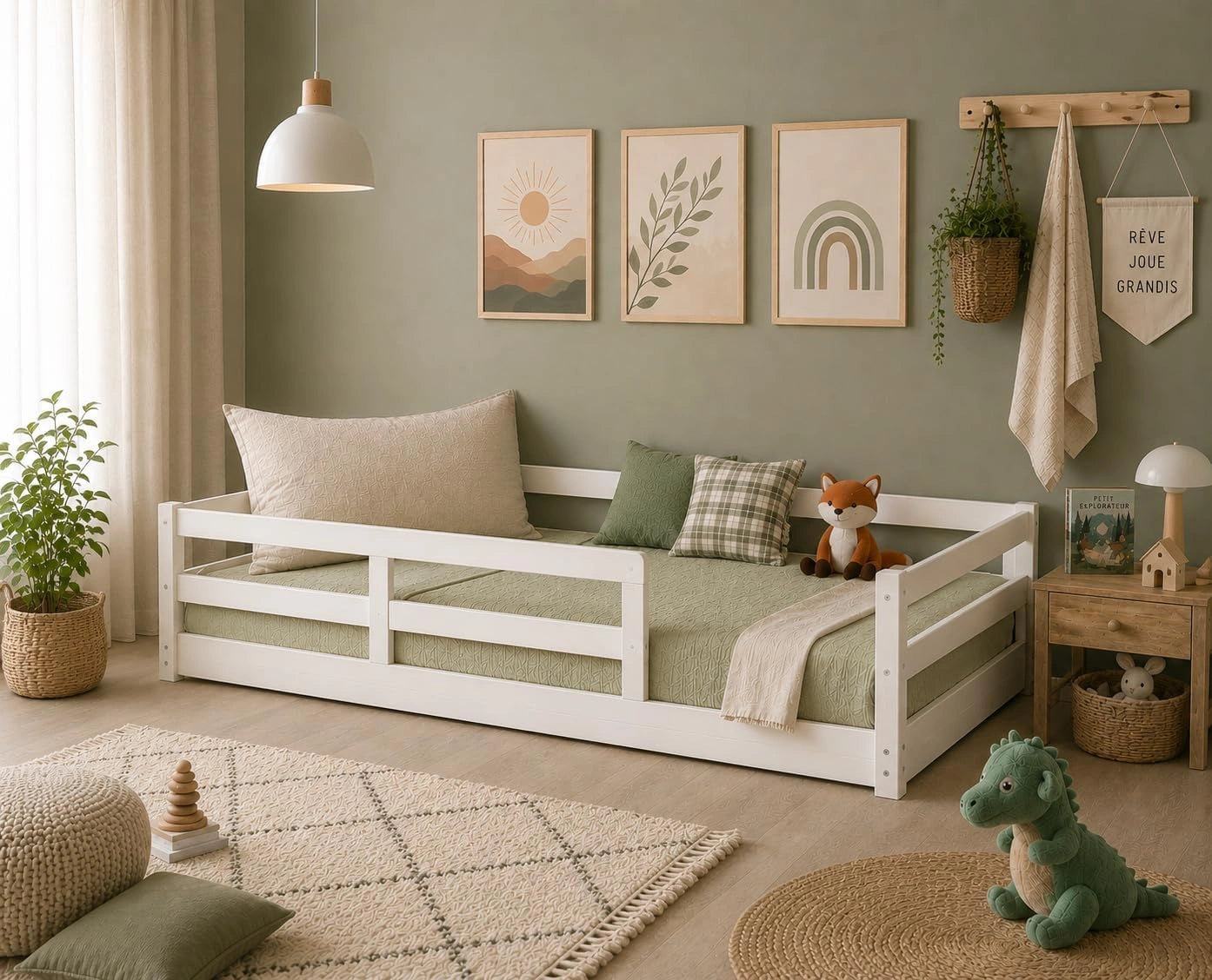 KONTARBOOR Lit Enfant 90x190 cm avec Barrières de Sécurité - Montessori– Lit au Sol en Bois Massif Naturel, Sommier . (Blanc, sans tiroir)