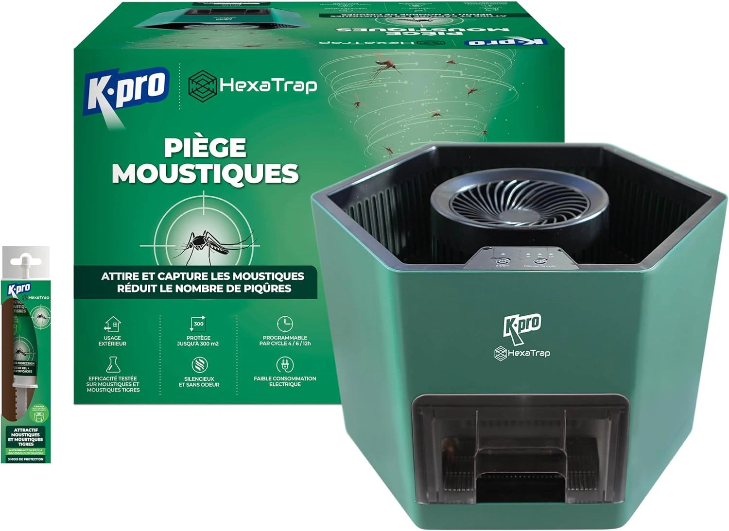 K.PRO Piège électrique à moustiques et moustiques Tigres, portée 300 m², programmable 4h/6h/12h, garantie 2 ans, Piège + seringue attractif