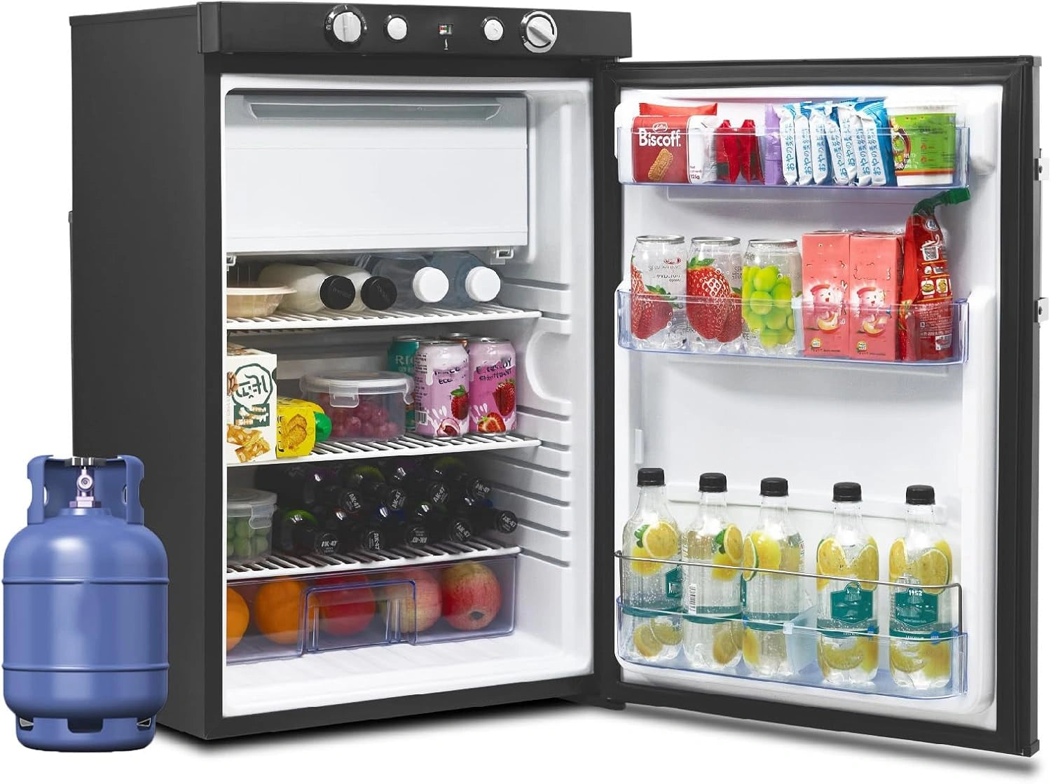 Smad Frigo Gaz, Noir, 100 L, Frigo Trimixte 12 V 220 V Gaz, avec Congélateur, Réfrigérateur Camping gaz pour Camping Car, Caravane, Cabanon, Chalet
