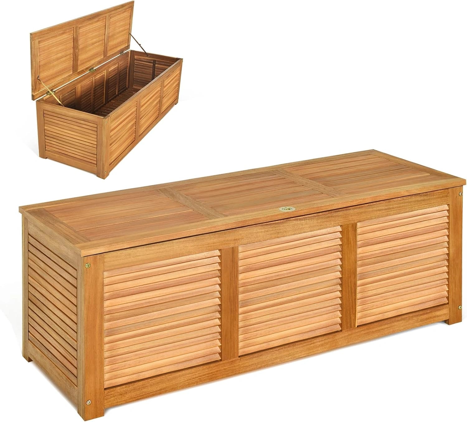 KOMFOTTEU Coffre Jardin Bois d'Acacia, Charge 150KG, 178 L, 120 x 45 x 45 cm, Barre de Support, Boîte de Jardin, Couvercle avec Anneau de Traction