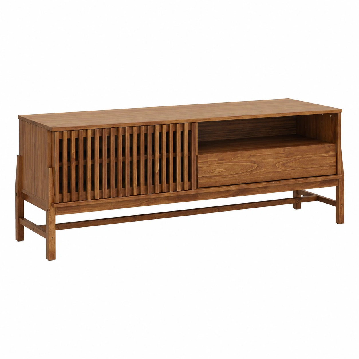 Meuble TV en bois massif avec porte coulissante et tiroir