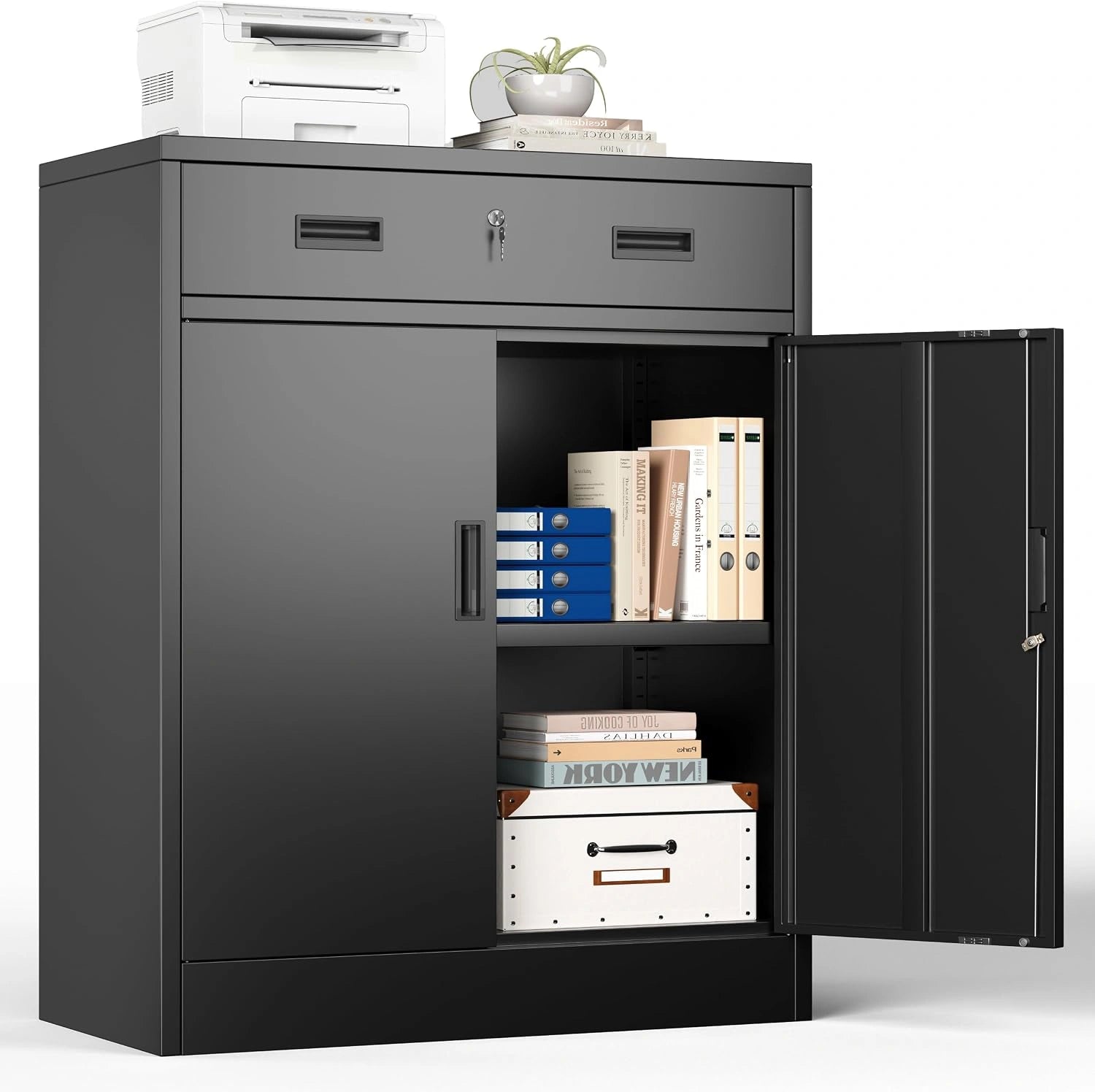 Armoire de Rangement Métal Noir 90x80x40 cm, Verrouillable à 2 Portes bureau, Armoire de bureau avec 2 portes, armoire de rangement en acier, garage